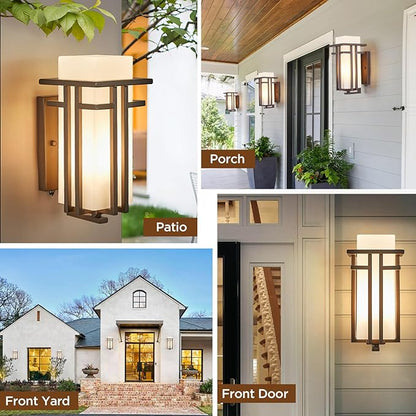Oil Rubbed Bronze Porch Light Dusk to Dawn Outdoor Sconce Matte Brown Wall Lantern with Frosted Glass Outside House Lighting Waterproof Exterior Light Fixture for Patio Yards Garage Front Door