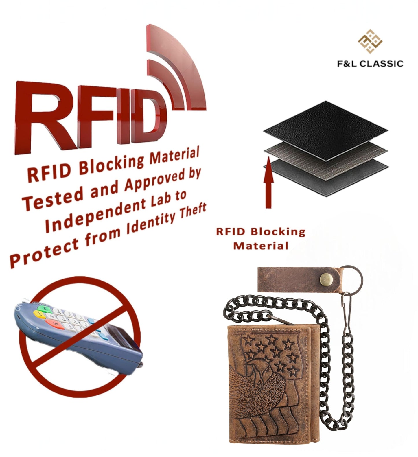 F&L CLASSIC RFID Blocking Men's Tri-fold Vintage Biker Cowhide Leather Steel Chain Wallet,Snap closure, brown,eagle flag,315-101