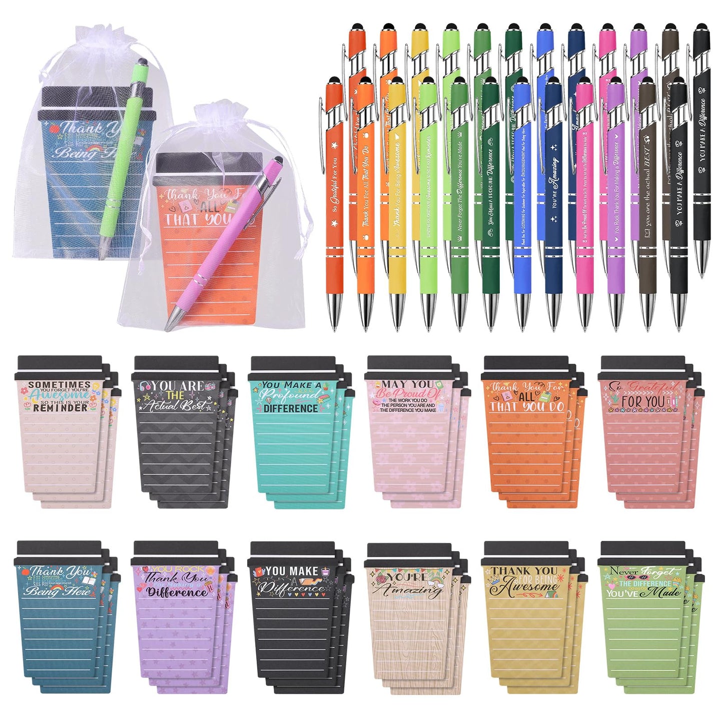 Mkway 36 Set Employee Appreciation Gifts Bulk Team - 36Pack Coffee Cup Notepad+36 Ballpoint Pens+ 36 Drawstring Gift Bags, Bulk Gifts for Coworkers/Staffs/Teachers/Christmas
