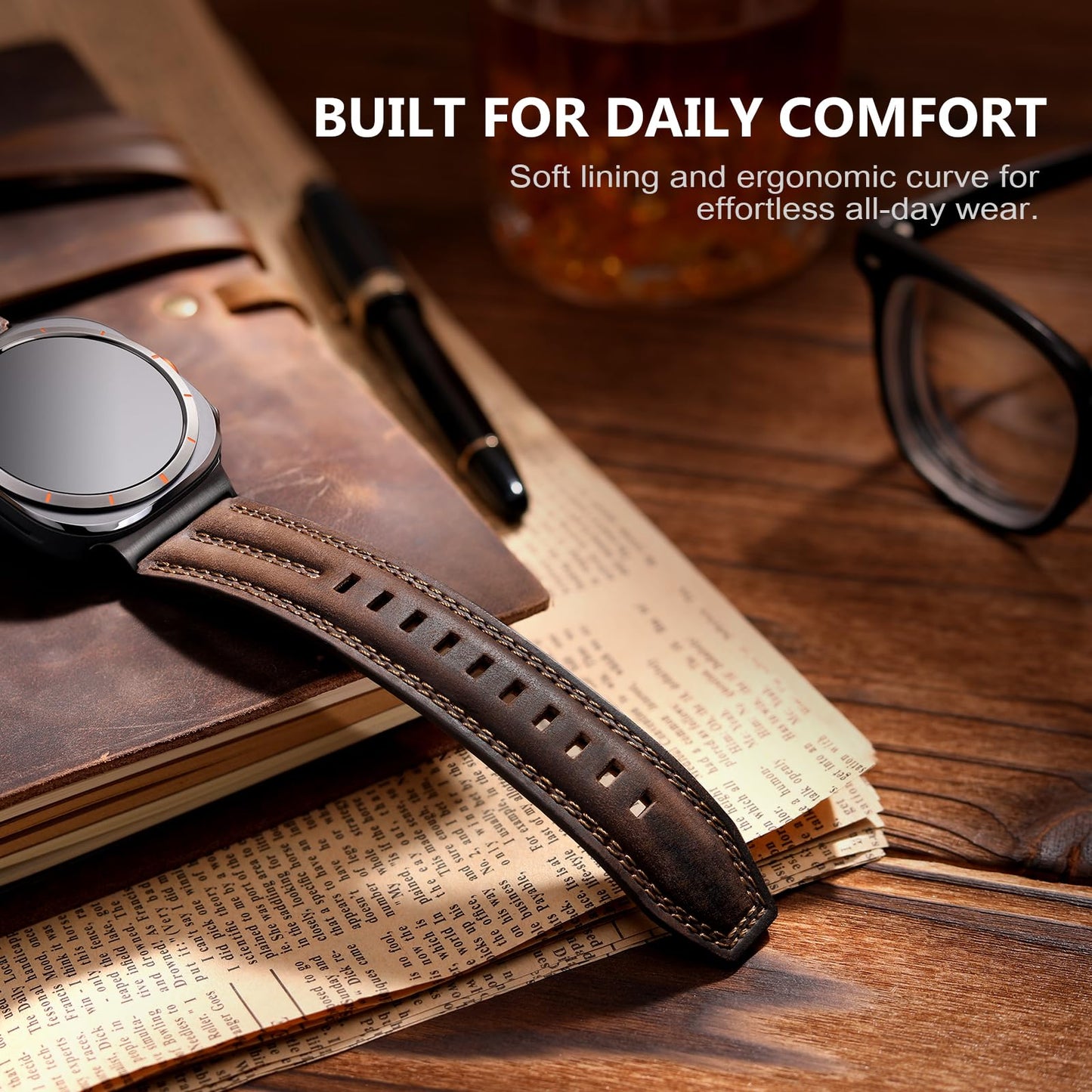 Tlselt Leather Band Compatible with Samsung Galaxy Watch Ultra 47mm(2025/2024), Genuine Leather Rugged Durable Classic Vintage Handcrafted Outdoor Business Travel Gift Samsung Watch Strap for Men