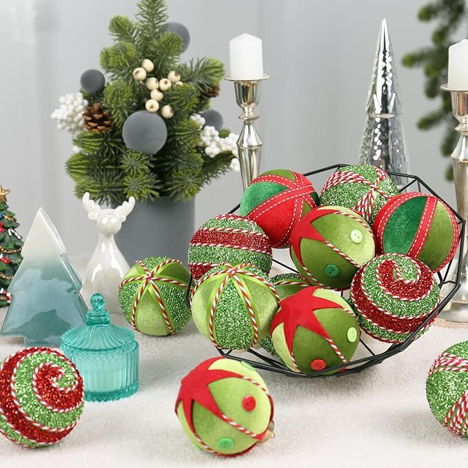 SY Super Bang Red Green Christmas Ball Ornaments, 15PCS Shatterproof Velvet Ornaments Set for Christmas Tree Hanging Decorations, for Holiday Party Xmas Decor - 80MM/3.14".