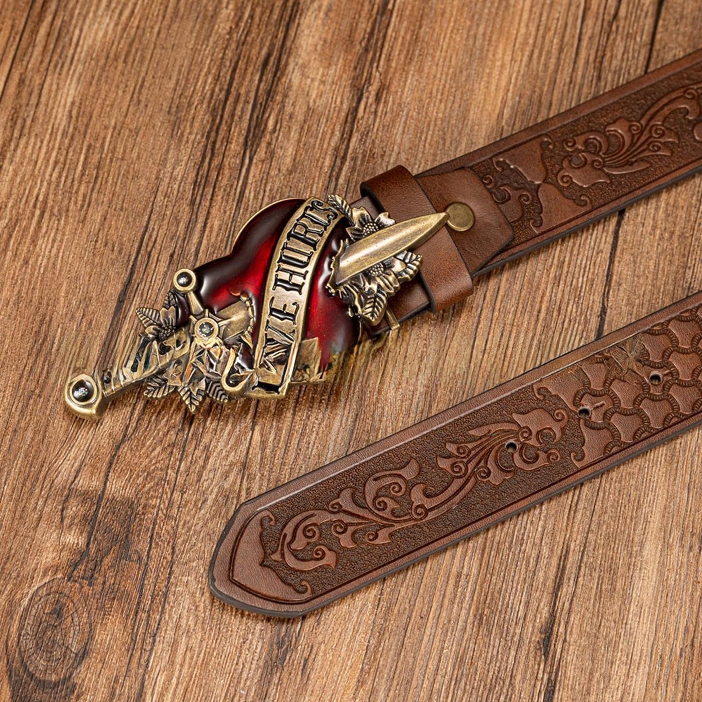 FAYZSOWSR Antique Belt, Western Cowboy PU Leather Belts with Heart and Sword Carved Buckle Retro Embossed Belt for Jeans (Black)