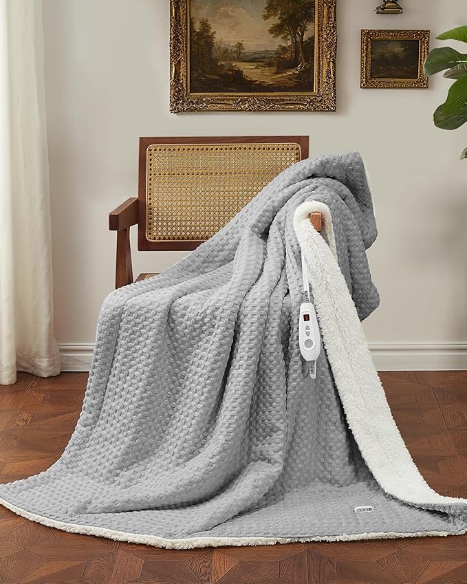CAROMIO Heated Blanket Twin Size, Waffle Weave Electric Throw Blanket Fast Heating with LCD Controller, 10 Heat Levels & 1-12H Time Settings Auto Off, ETL Certified, Grey, 62" x 84"