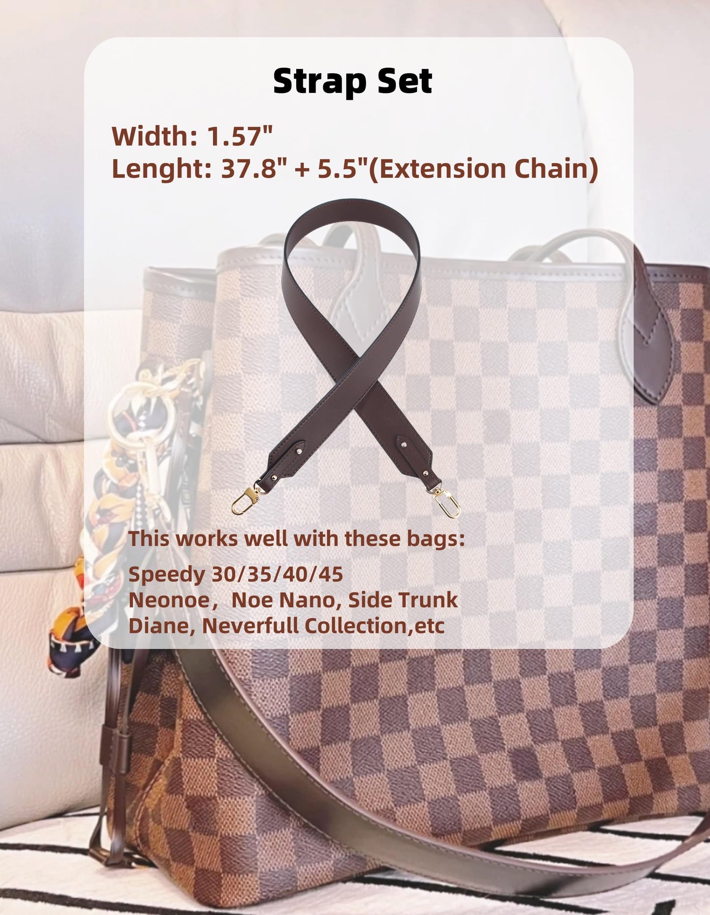 LOFZAR Wide Vachetta Leather Replacement Bag Strap, Fits Neverfull PM/MM/GM Graceful and More (37.8" L, Dark Brown)