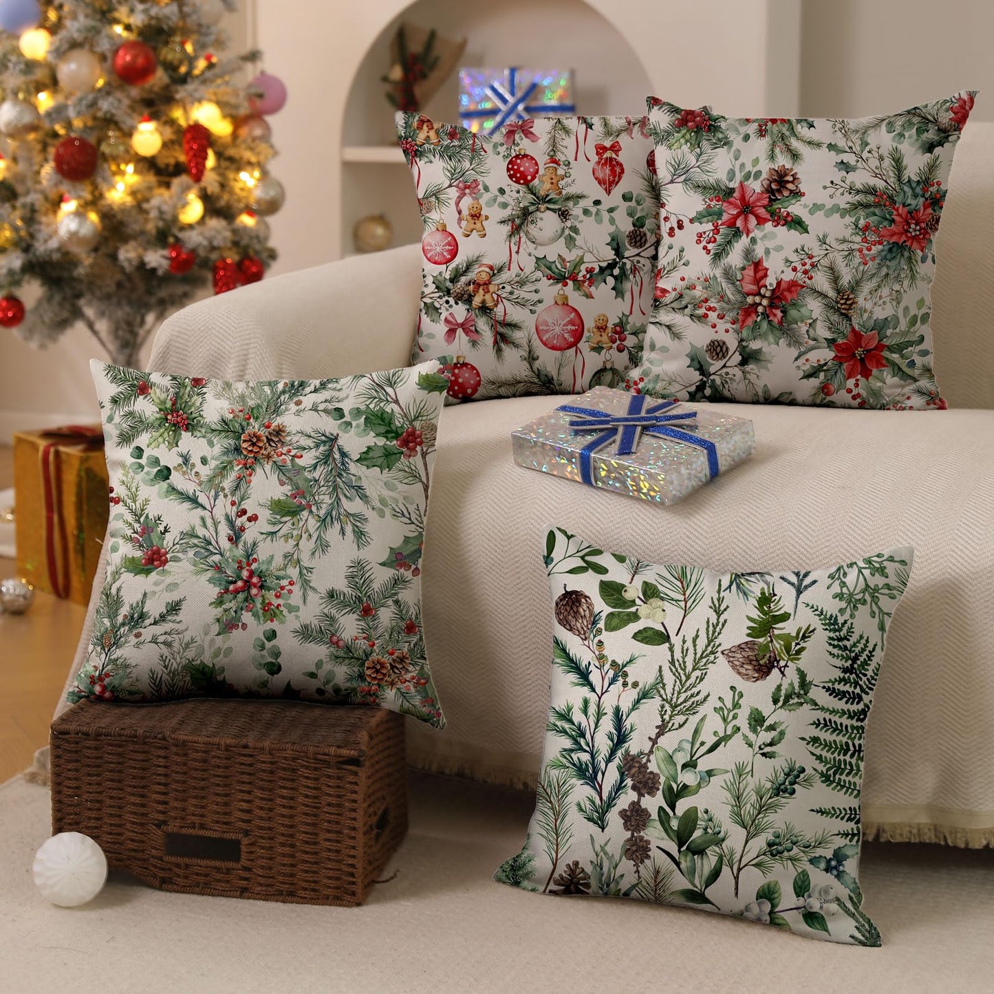 DFXSZ Christmas Pillow Covers 18x18 Inch Set of 2 Xmas Pine Branches with Red Berry Pine Cone Decorative White Throw Pillows Winter Christmas Decor for Home Couch ST025D18