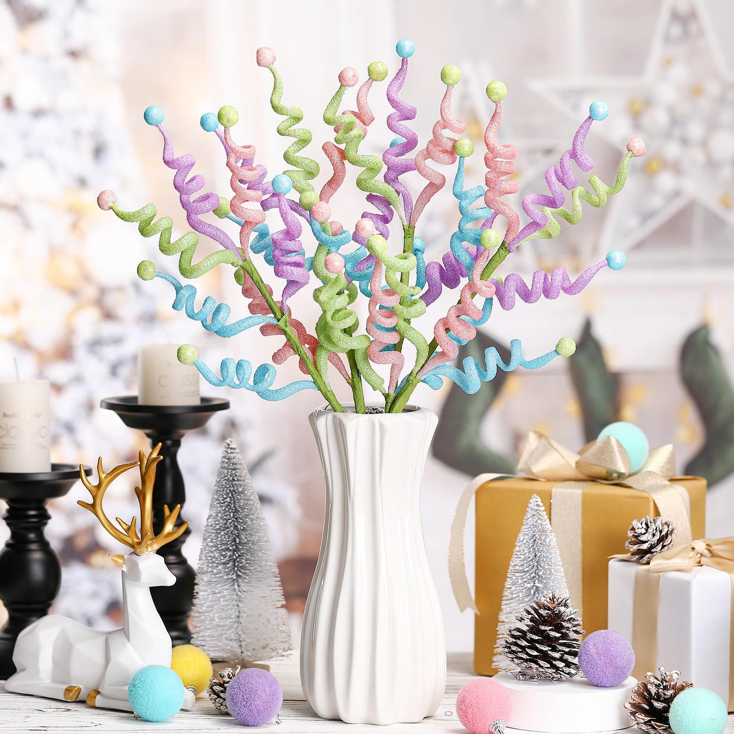 Vertintong 4 Pcs 16.5 inch Christmas Pastel Tree Picks Glitter Curly Spray Tree Topper Decorations Candy Cane Style Frosted Spiral Stems for Xmas Party Wreath Vase Garland Home Centerpieces