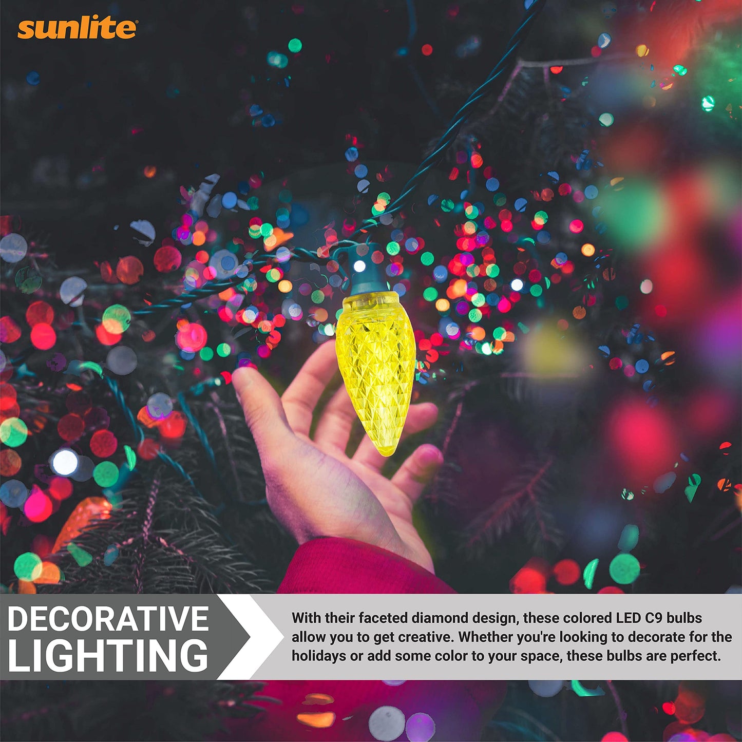 Sunlite 80709 LED C9, Holiday Decorative Light Bulb, 0.4 Watts, E17 Intermediate Base, Faceted Christmas-Lights; Nightlight, Yellow, 6 Count