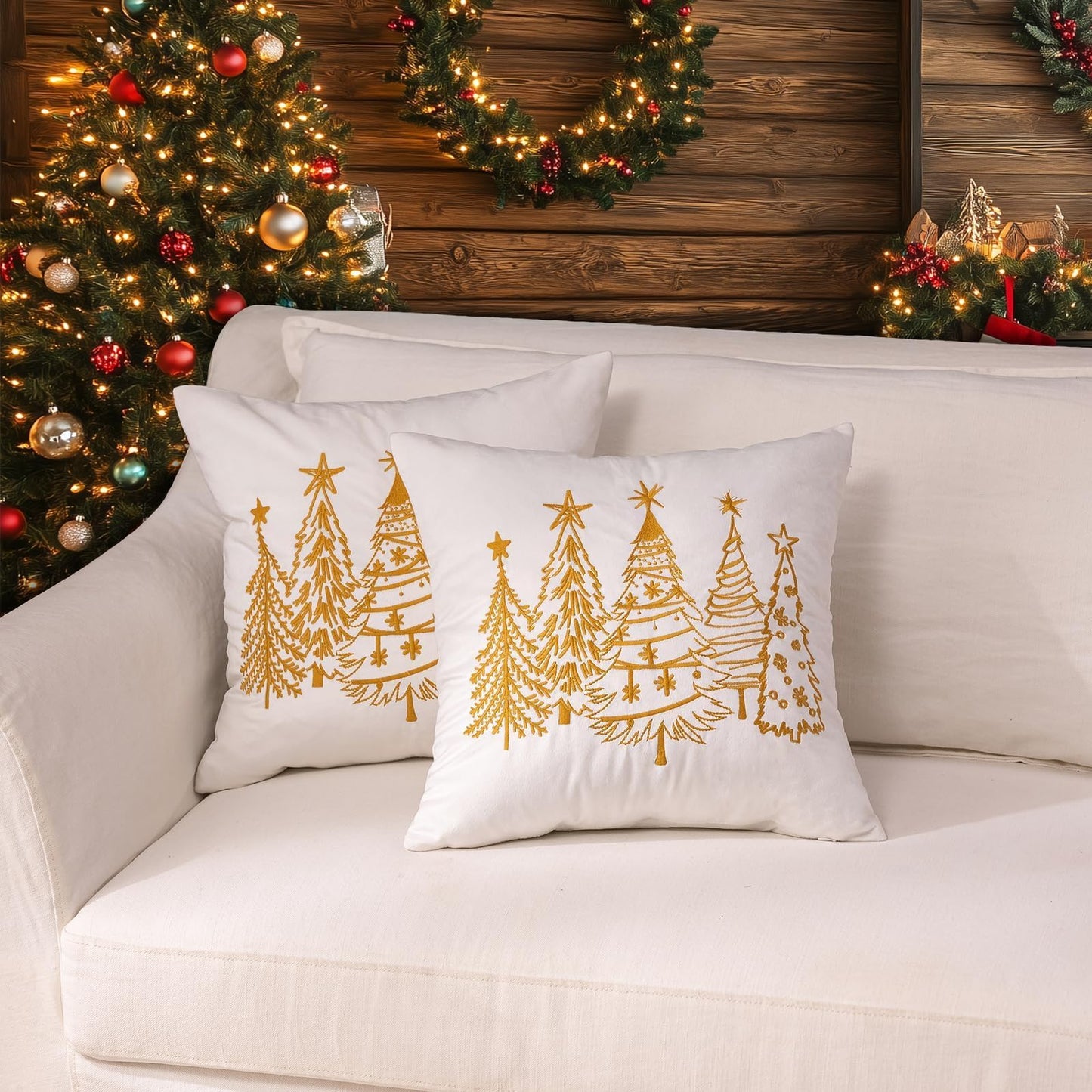 GEEORY Christmas Pillow Covers 18x18 Inch Set of 2, Xmas Decorations Tree Luxurious Velvet Embroidered Throw Pillows Farmhouse Winter Holiday Decor Cushion Case for Sofa & Bed White GX007-18