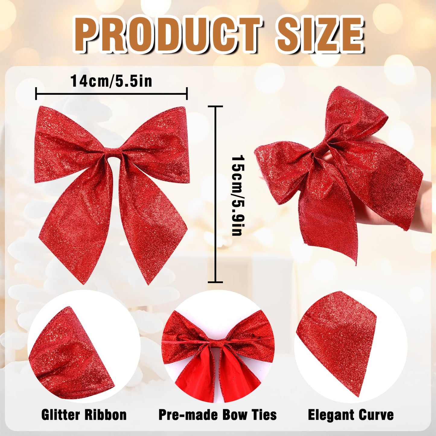 JOICEE 12 Pcs Glitter Ribbon Christmas Bows with Twist Ties,5.5 Inch Premade Metallic Xmas Bows for Christmas Trees Garland Wreath Gift Wrapping Decorations (Red)