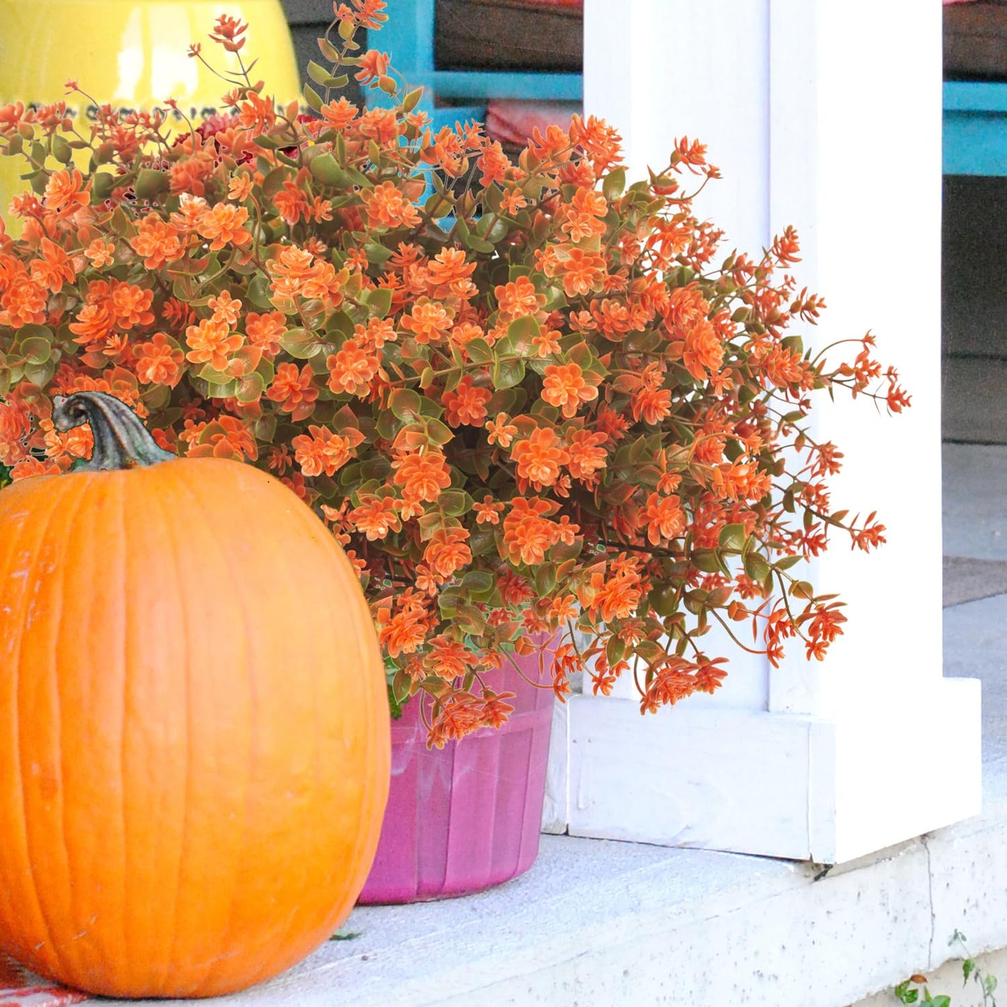 Grunyia 12 Bundles Artificial Fall Flowers for Outdoors, Artificial Plants UV Resistant Fall Fake Mums Plants for Outside Halloween Christmas Porch Decoration ecorations (Fall Red)