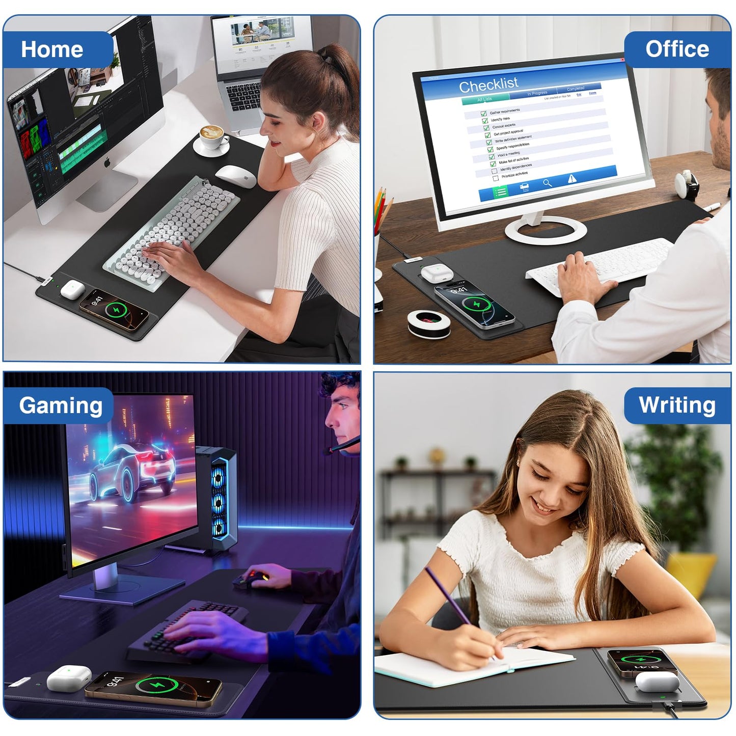Magnetic Wireless Charging Mouse Pad, 27.5"x11.8" Gaming Desk Mat with Superior Stitched Edges, Non-Slip Base, Waterproof Smooth Desk Writing Pad for Gamer, Office & Home, Black