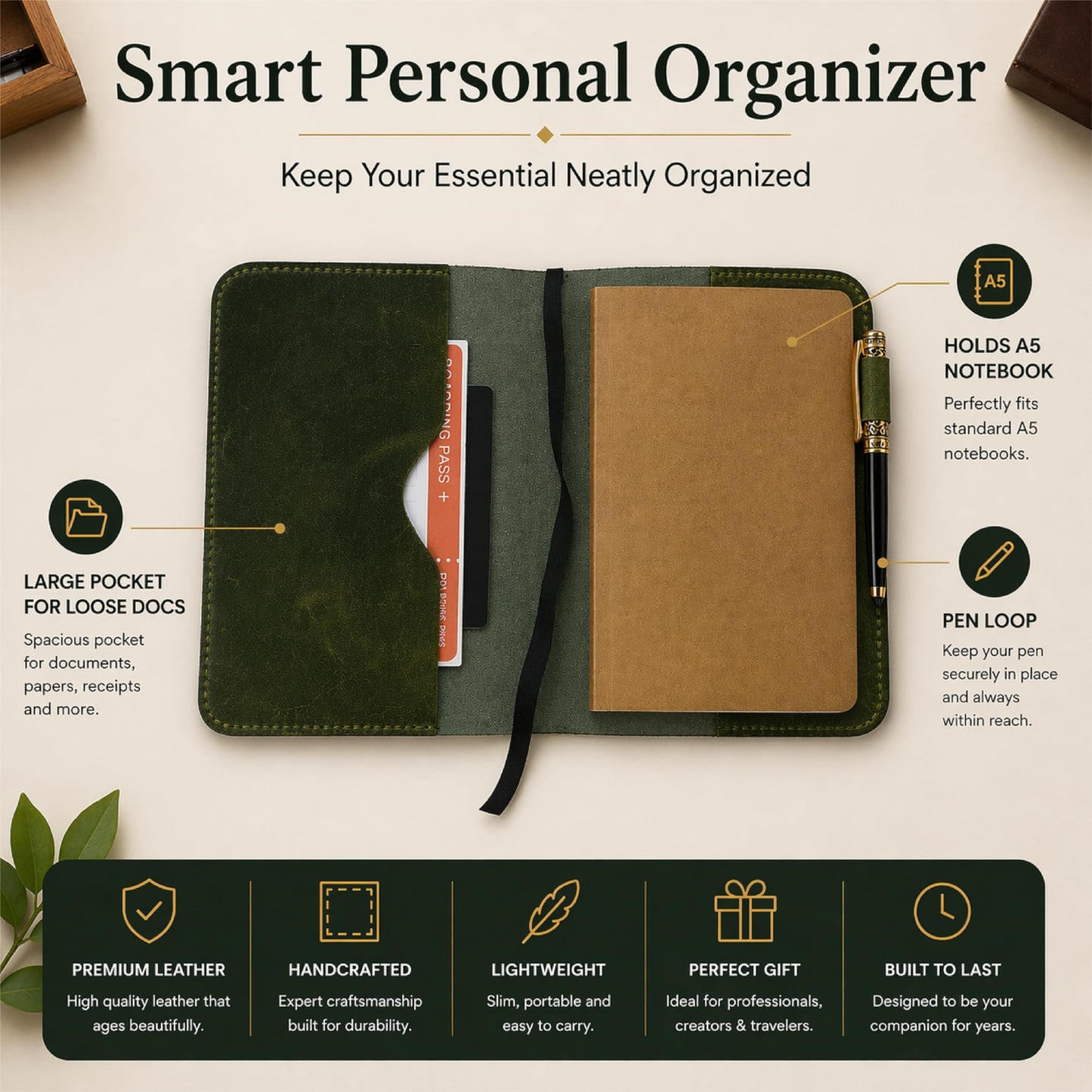TheAntiq Premium Leather Journal Cover A5 – Handmade Refillable Notebook Cover Sleeve with Pen Holder for Writing, Travel & Business Use 5.75 x 8.25 (Green)