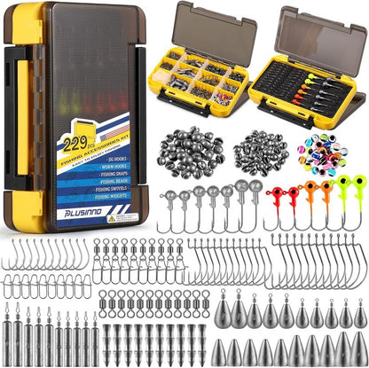 PLUSINNO 229PCS Fishing Accessories Kit with Double-Side Fishing Tackle Box, Abundant Fishing Gear Include Fishing Hooks Jig Head Weights Sinkers, Fishing Equipment for Trout Bass Crappie