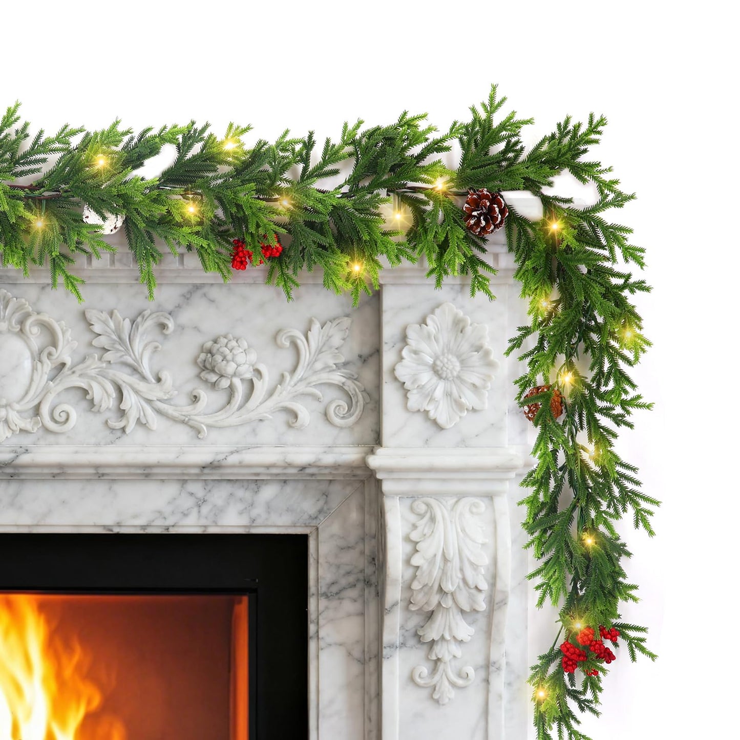 6FT Prelit Christmas Garland with Lights, Realistic Cedar Garland with Red Berries Pine Cone Artificial Real Touch Greenery Lighted Xmas Garland for Mantle Stair Railing Fireplace Decorations
