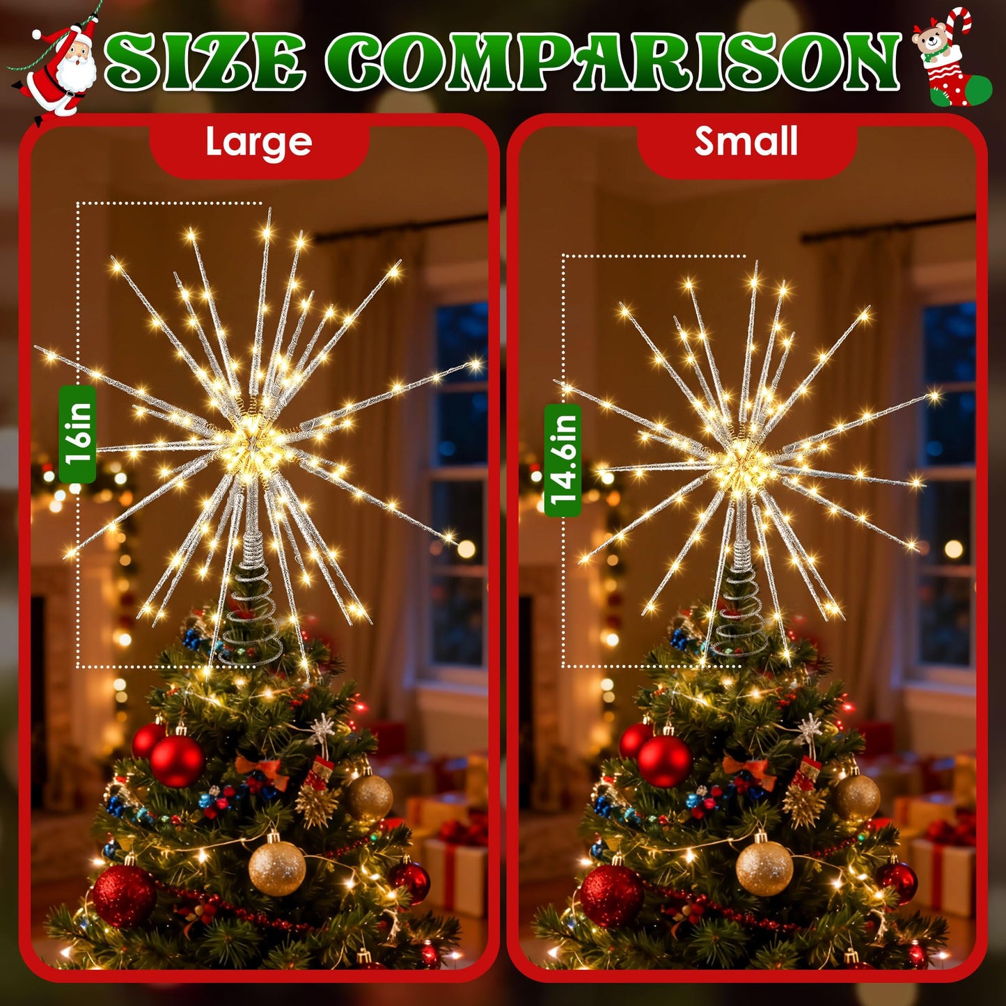 Meonum 16in Christmas Tree Topper with LED Light - 25 of 100 Lights Twinkle, Christmas Star Tree Topper for Holiday Decor, Universal Size, Lightweight and Easy to Install(Silver, 16inch)