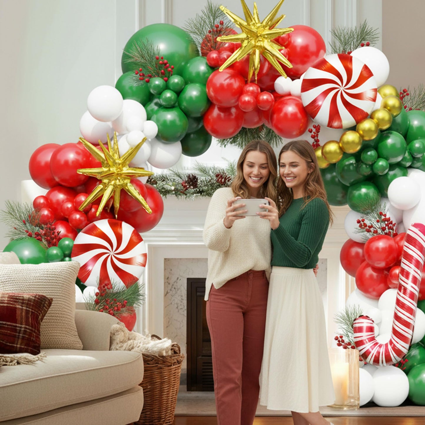 Ceeulvu Christmas Balloon Arch Kit, Red Green Gold White Balloon Garland with Star Candy Cane Foil Balloons for Xmas Party