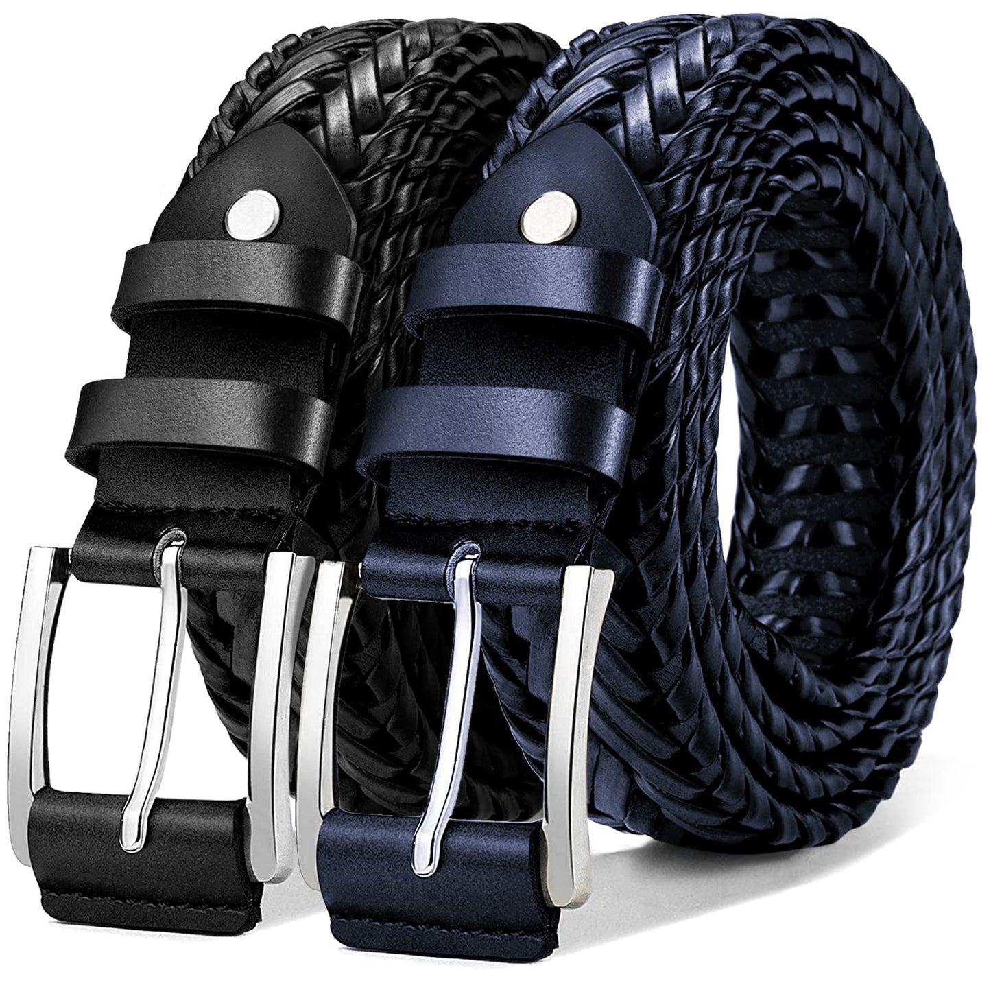 KEMISANT Mens belt 2 Pack, Woven Braided Leather Belt for Men Causal Golf Pants Polo Shirts Matching