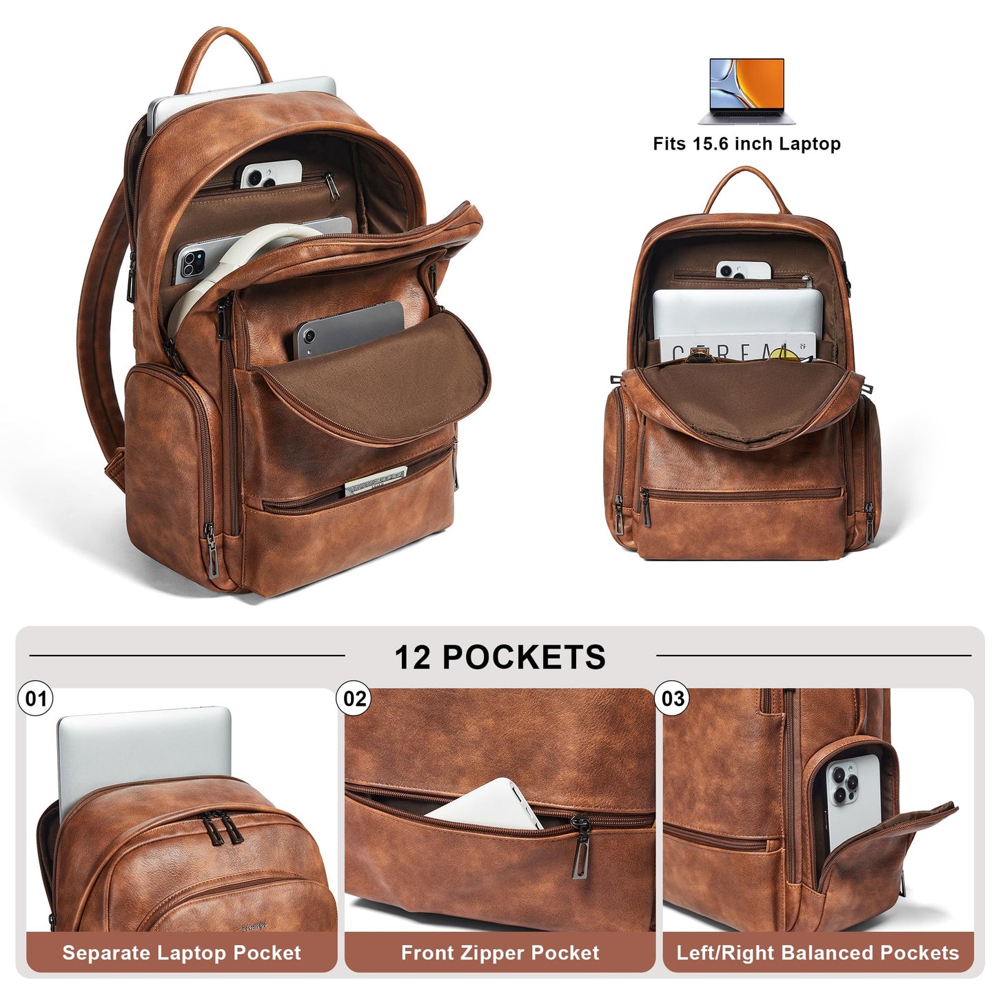 tiamyi Leather Backpack for Women Men, Fits 16.0 Inch Laptop, Soft Vegan Leather Backpack for Travel and Daily Use, Brown
