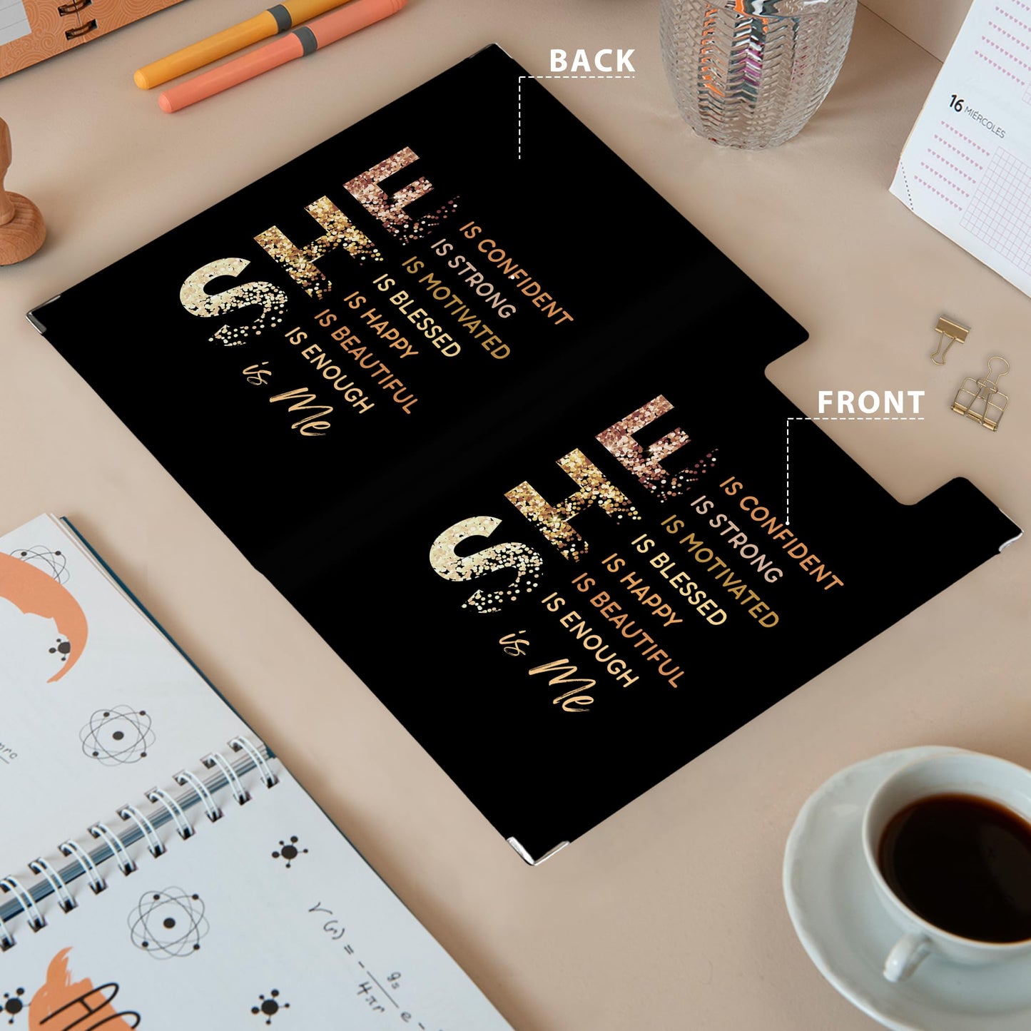 QLMX Gold Positive Affirmations Clipboard Folio with Storage, She is Me Inspirational Clipboard Folder, Motivational Self Care Clipboards for Women Nurses, Positive Office School Supplies, 12.4x9.2In