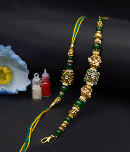 NiLy Craft Handmade Premium Couple Rakhi Gift Set | Green Traditional Charm with Unique Design Rakhi Combo | Includes Roli Kumkum & Chawal | Traditional Raksha Bandhan Gift Set for Bhaiya Bhabhi, Brother & Sister