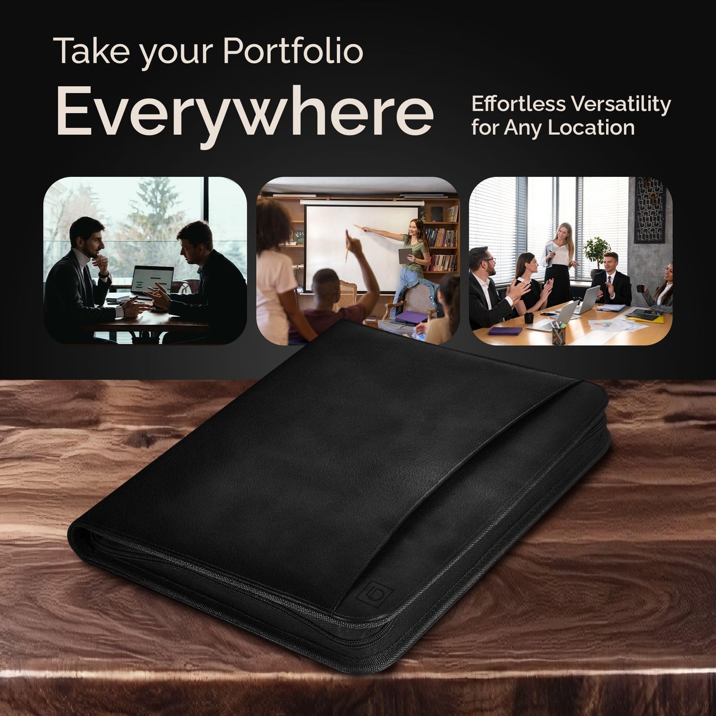 Lautus Designs Black Zippered Leather Portfolio - High Capacity 2-Inch Spine - Fits Surface Go & iPad Pro/Air 11 Inch - Professional Resume Padfolio