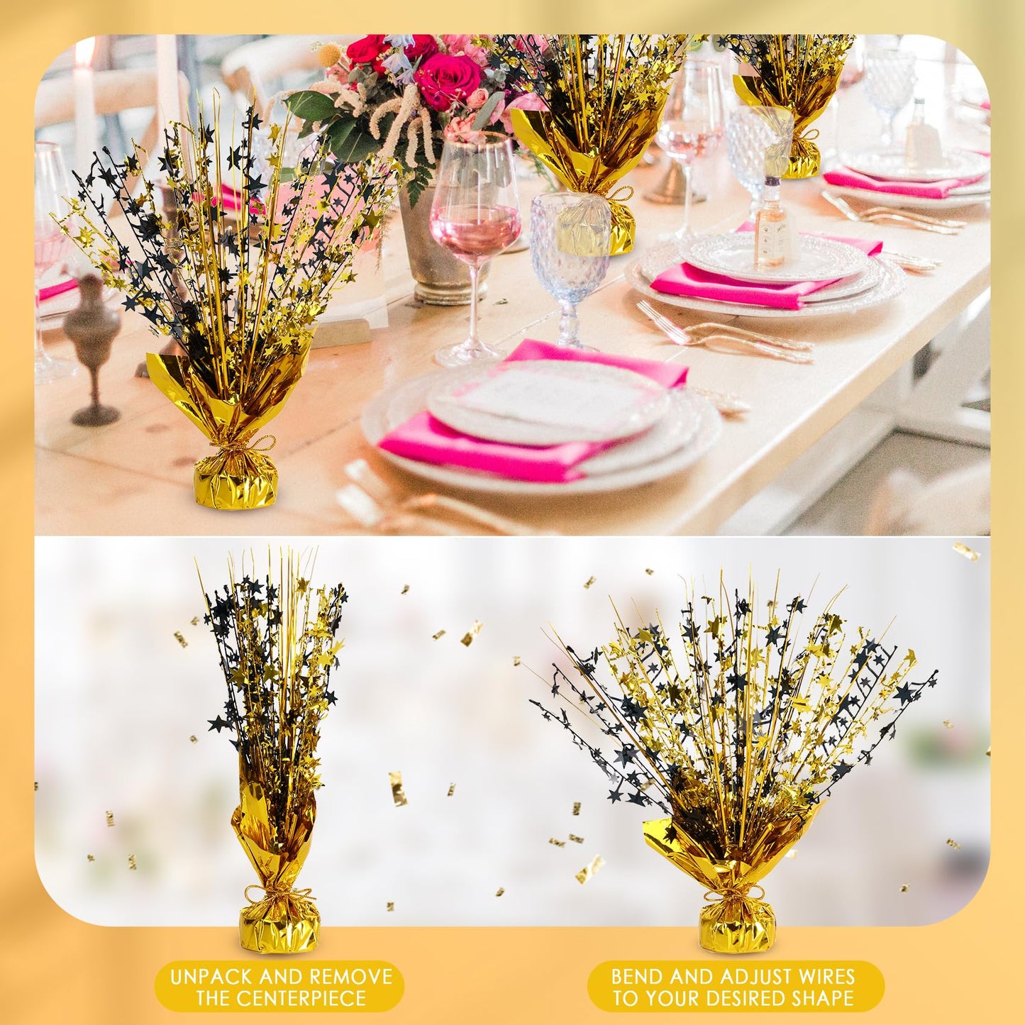 6 Pack Metallic Foil Spary Centerpieces for Tables, Black Gold Centerpieces for Tables Decorations, Star Brust Table Centerpieces for Birthday Graduation Wedding Baby Shower Party