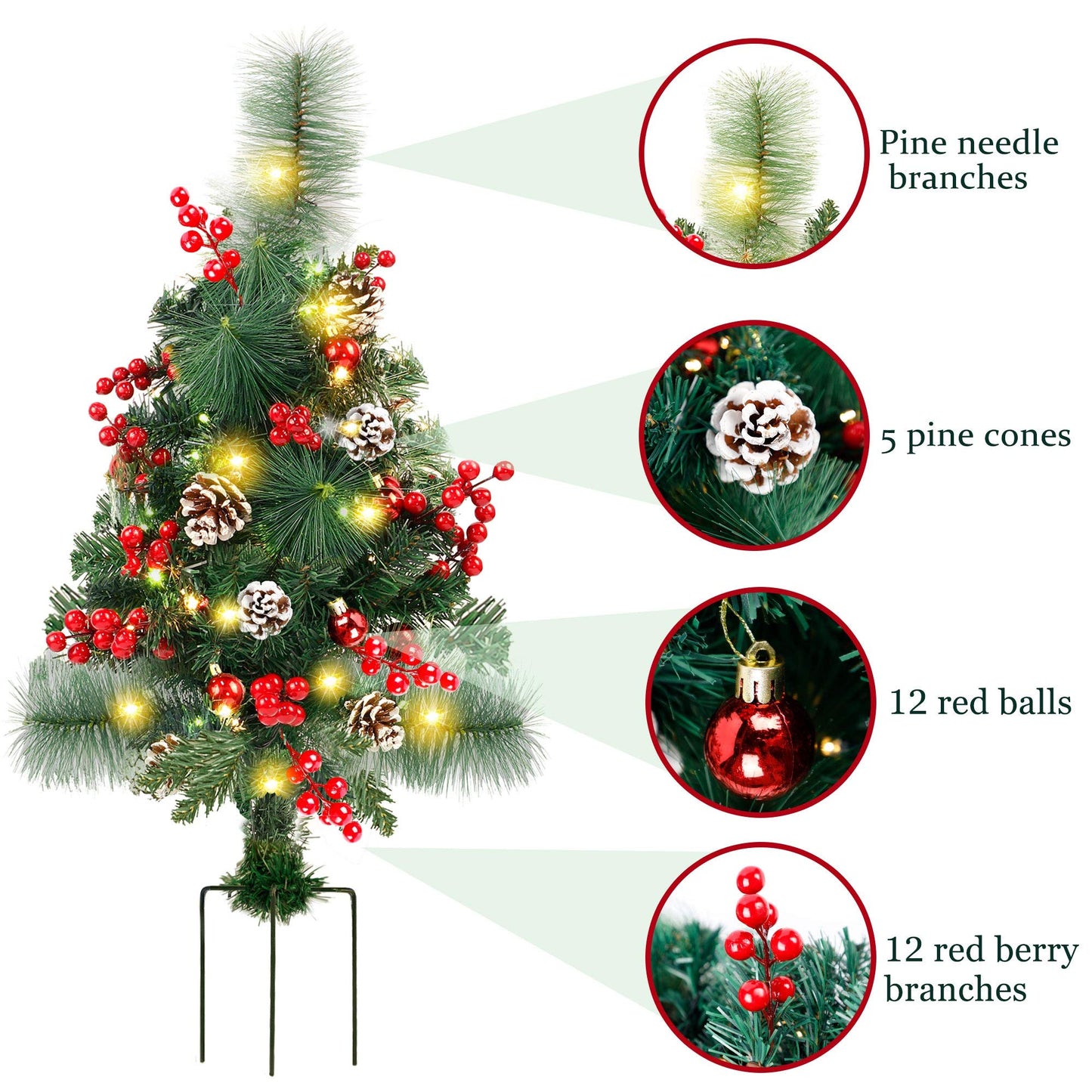 FORUP Set of 2 30 Inch Pre-Lit Pathway Christmas Trees Urn Filler, Outdoor Christmas Tree Decorations for Porch, Driveway, Yard, Garden, with 60 LED Lights, Red Berries, Pine Cones, Red Ball Ornaments