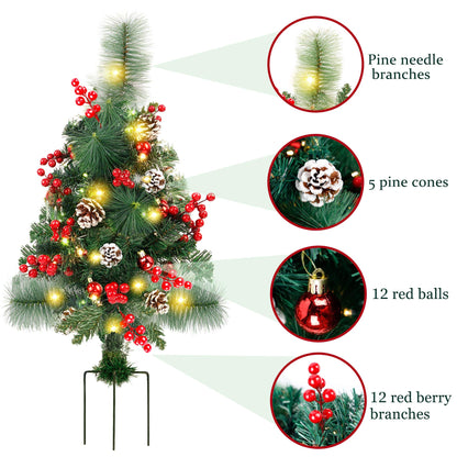 FORUP Set of 2 30 Inch Pre-Lit Pathway Christmas Trees Urn Filler, Outdoor Christmas Tree Decorations for Porch, Driveway, Yard, Garden, with 60 LED Lights, Red Berries, Pine Cones, Red Ball Ornaments