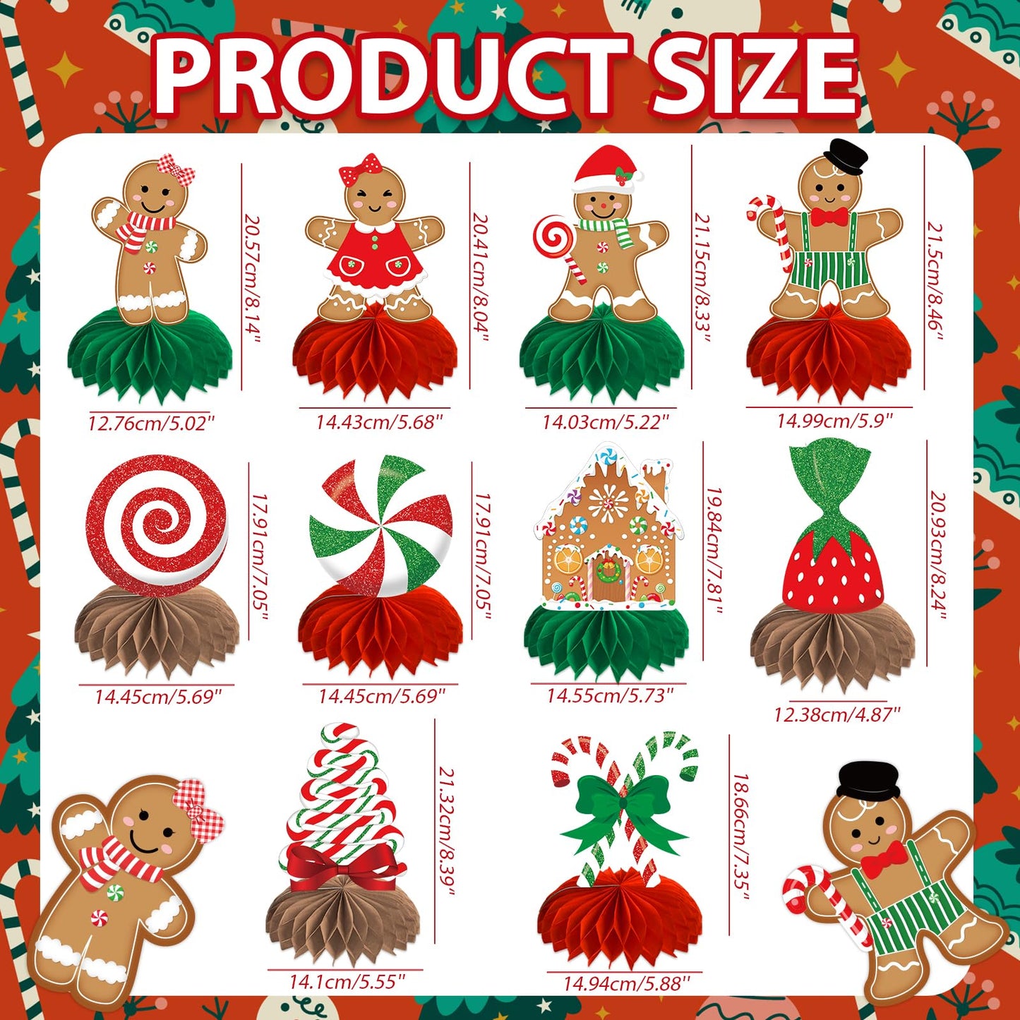 Gingerbread Christmas Party Table Decorations Centerpieces,10pcs Paper Gingerbread Man House Lollipops Candy Canes Honeycombs for Xmas Winter Holiday Birthday Party Decor Supplies