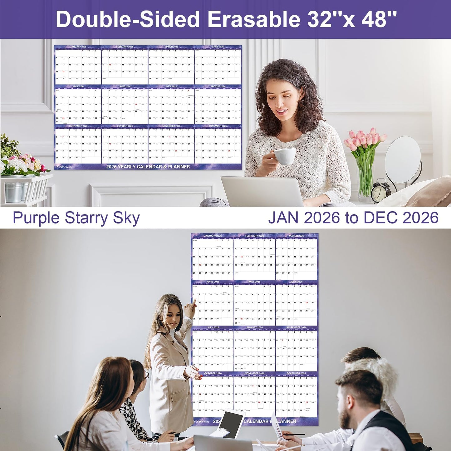 32" x 48" 2026 Wall Calendar Dry Erase - Folded Large Starry Sky Wall Calendar 2026, Wet & Dry Erasable, Laminated 12-Month Annual Yearly Planner, Reversible, Horizontal/Vertical, Purple