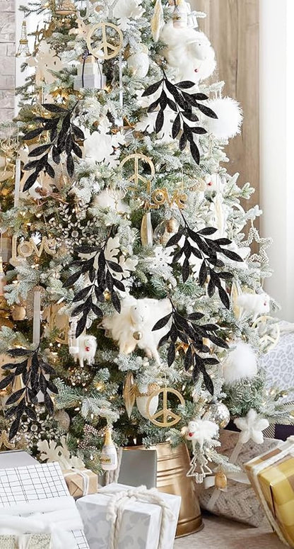DILATATA 6Pcs Christmas Glitter Leaves Bay Leaves Spray 24" Artificial Black Bay Leaf Picks Sprays Giltter Stems for Halloween Centerpiece Christmas Home Decor Home Decor - Black