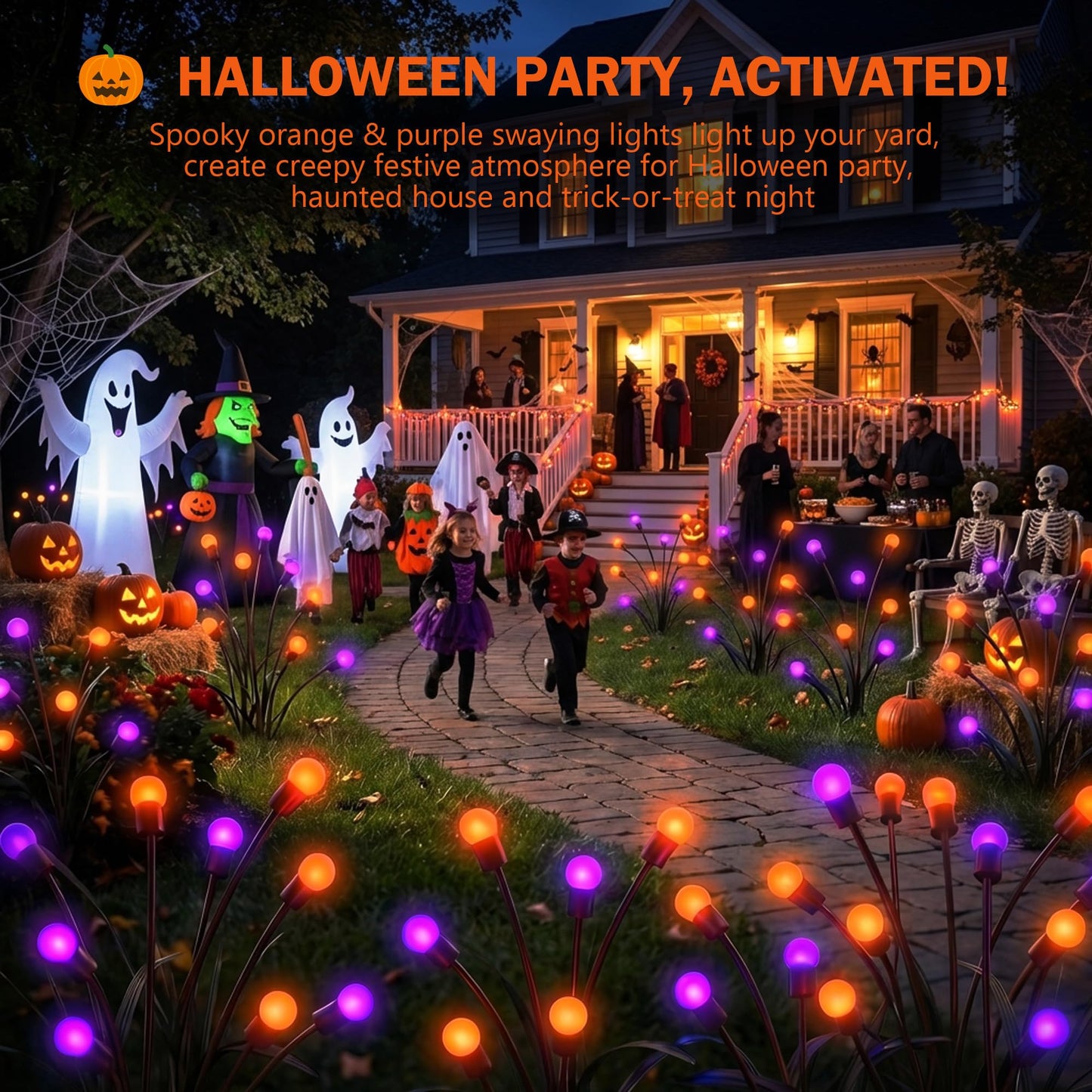 Sukesou Halloween Firefly Solar Lights, 2 Pack 6 LED Orange Purple Swaying Pathway Lights, IP65 Waterproof Auto Dusk to Dawn Outdoor Landscape Lights for Yard Patio Lawn Party Decor