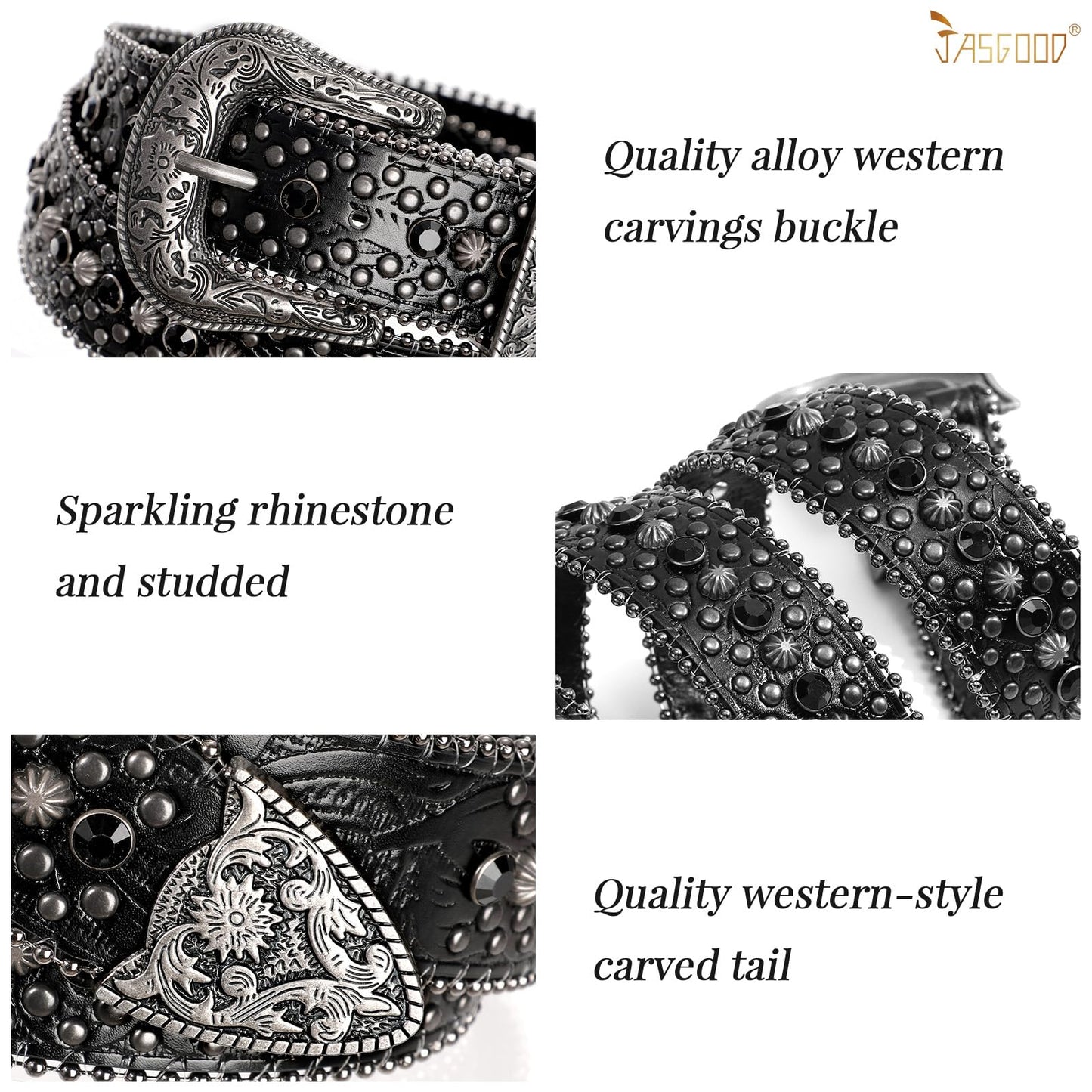JASGOOD Rhinestone Belt for Women Men Bling Studded Western Cowboy Cowgirl Belts for Jeans,Black