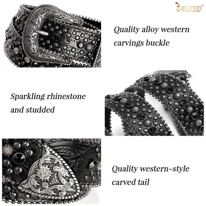 JASGOOD Rhinestone Belt for Women Men Bling Studded Western Cowboy Cowgirl Belts for Jeans,Black