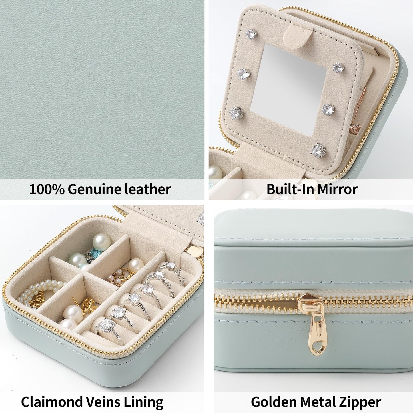 NGVRC Genuine Leather Travel Jewelry Case Organizer with Mirror for Women, Small Jewelry Box Portable Mini Jewelry Case for Earring, Ring, Necklace, Bracelet（Lychee Grain Black）
