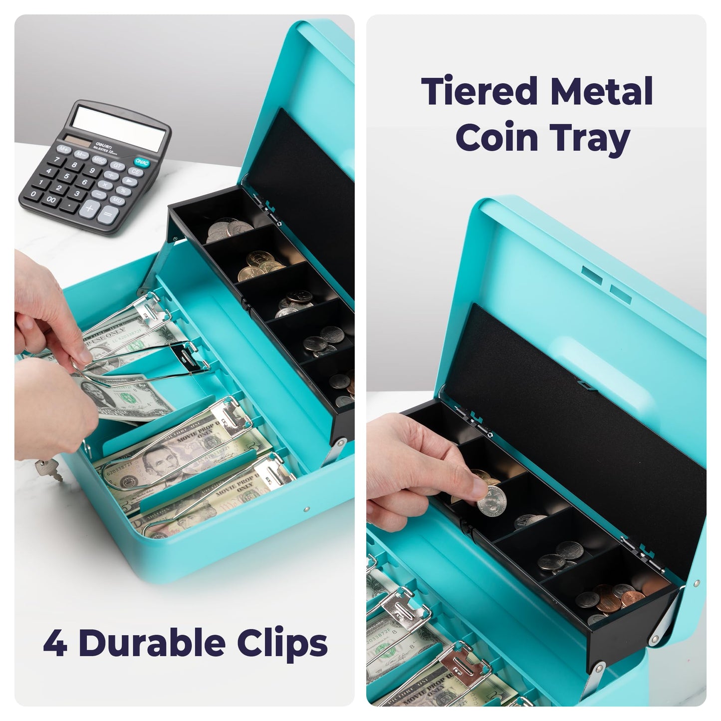 Volcora Large Cash Box with Key Lock, Metal Money Box for Cash, Portable Locking Safe Box with Money Tray, Durable Money Saving Organizer for Yard Sale, Garage Sale, Small Business, Cyan