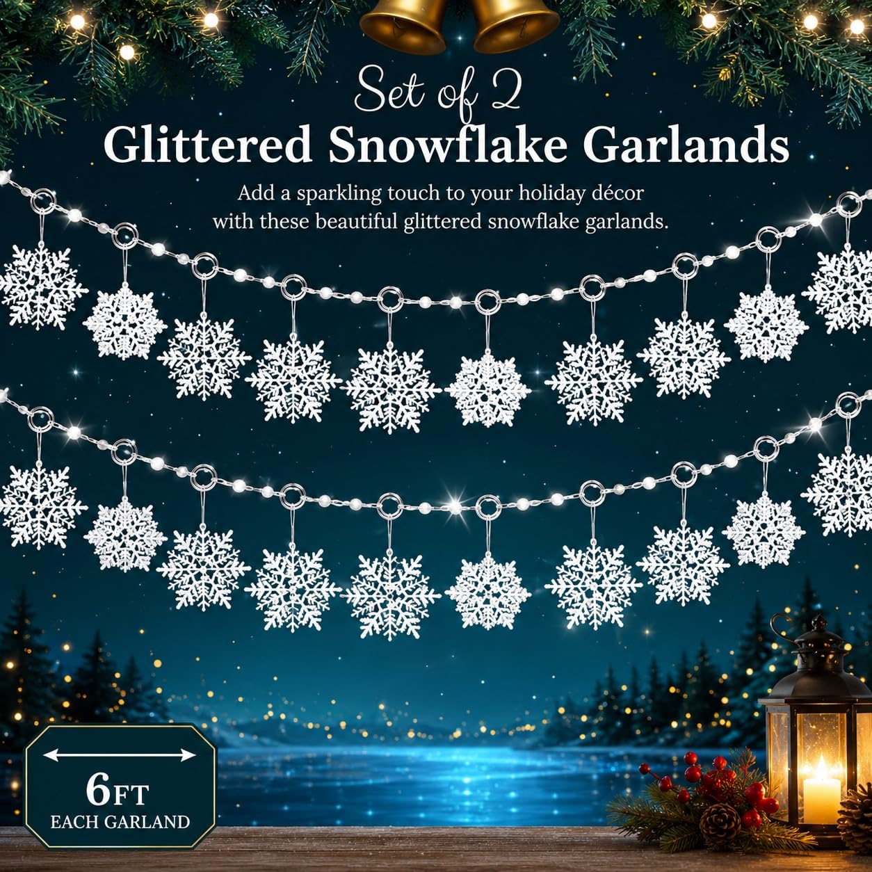 Snowflake Christmas Garland Decorations Set of 2 – 72 Inch Glitter Snowflake Hanging Garlands with Large 4” & 6” Snowflakes – Winter Wonderland Christmas Tree, Mantel, Staircase & Holiday Party Decor