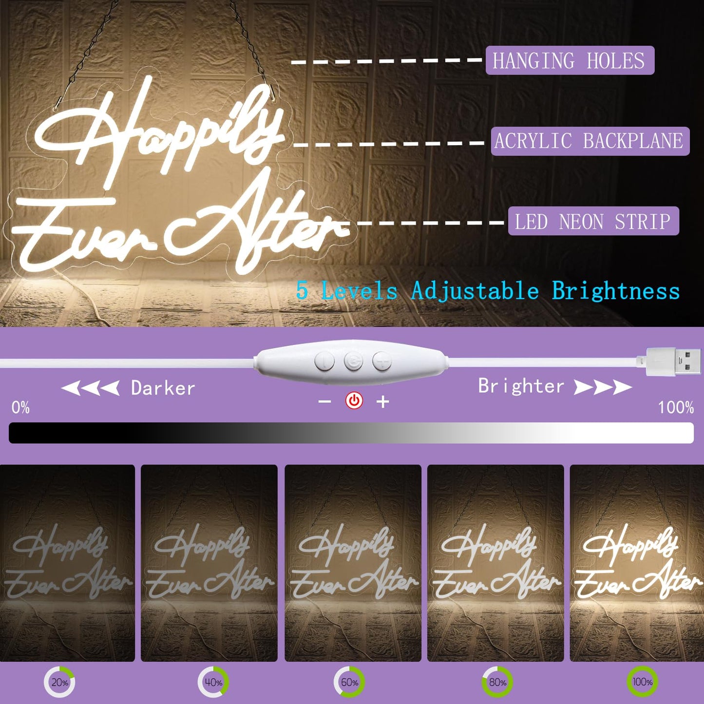 UExnkj-Y Happily Ever After Neon Sign for Wall Decor, Wedding Neon Lights Sign Dimmable USB Powered LED Sign for Bedroom Home Bar Wall Decor Anniversary Valentine's Celebrations Wedding Party