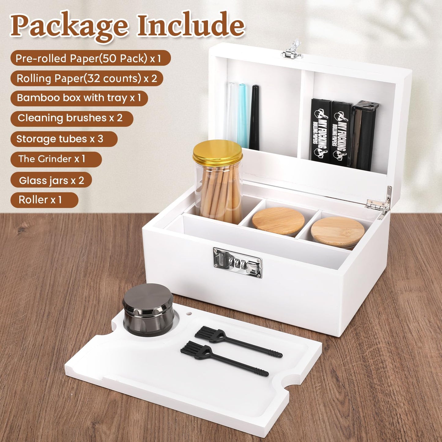 Coozyupper Large Bamboo Storage Box with Removable Tray Kit - Decorative Box Set, Glass Jars, and Accessories Wooden Storage Kit and Accessories Tool.Birthday Gifts