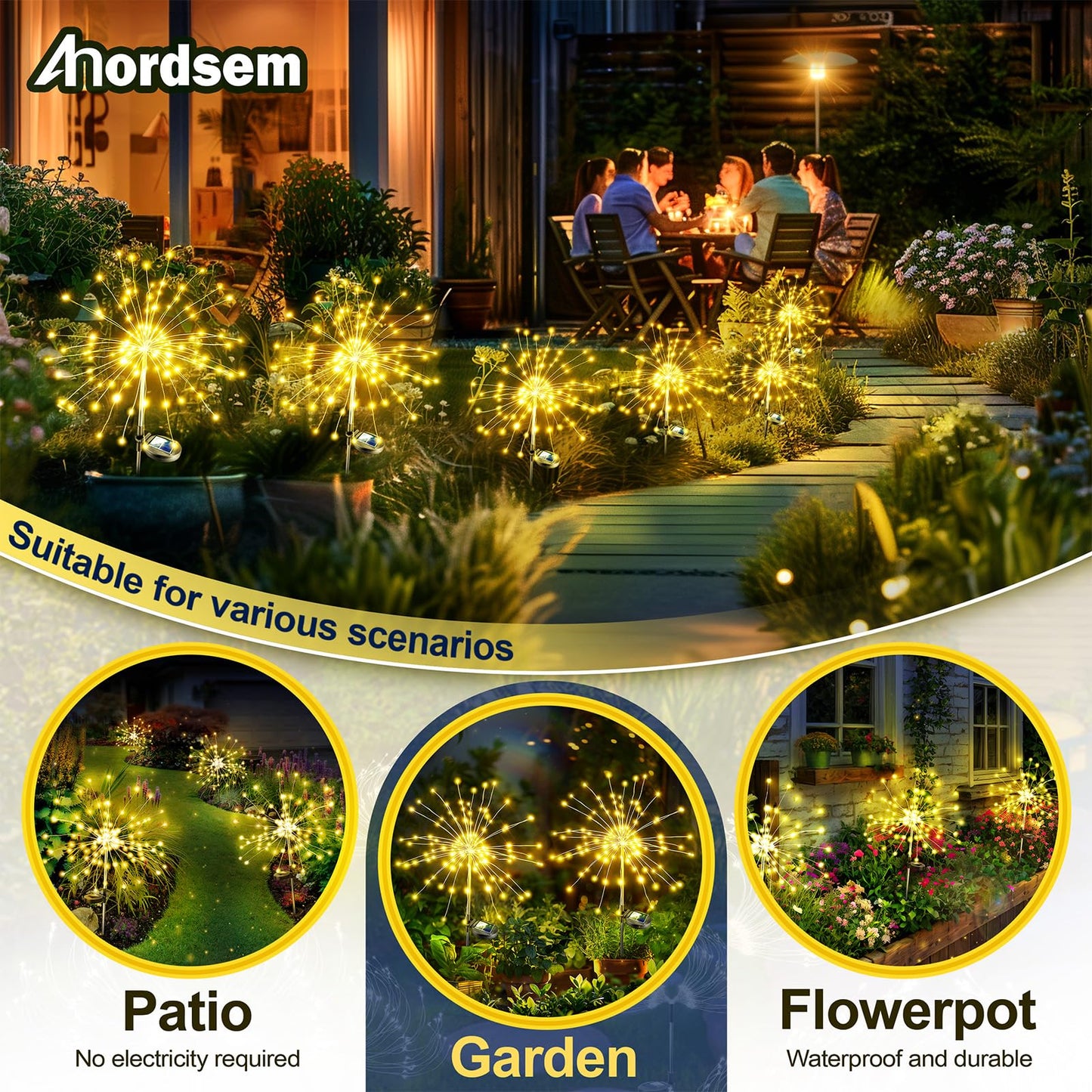 Anordsem Solar Lights Outdoor Waterproof: 2 Pack Garden Light - Bendable Copper Wire with 120 LED Firework Beads - DIY Warm Fun Decoration for Yard Patio - Twinkle Sparkler Gifts for Women Wife