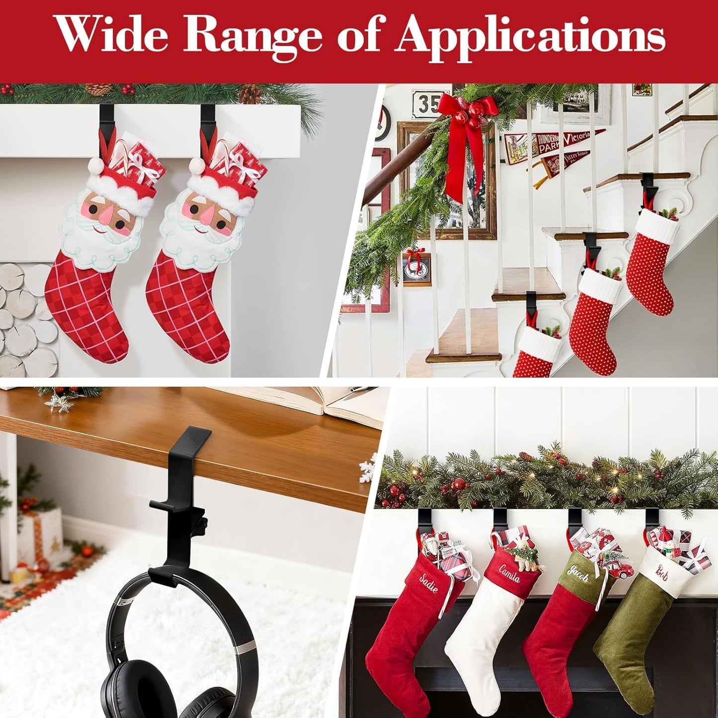 Guojanfon Garland and Stocking Mantel Holders with 2 Hooks, Mantel Hanger for Garland, 2 in 1 Mantel Garland and Stocking Hangers Heavy Duty, Fireplace Garland Hanger for Xmas Decoration (4Black)