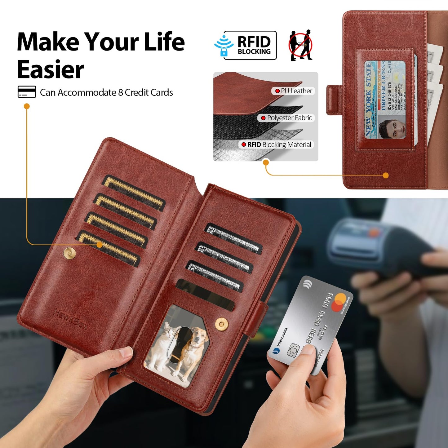 HawkBox Compatible with Samsung Galaxy S23 Ultra Case Wallet with Card Holder Women Men,RFID Blocking PU Leather Phone Case Flip Shockproof Protector Cover Credit Card Slot Kickstand,Brown
