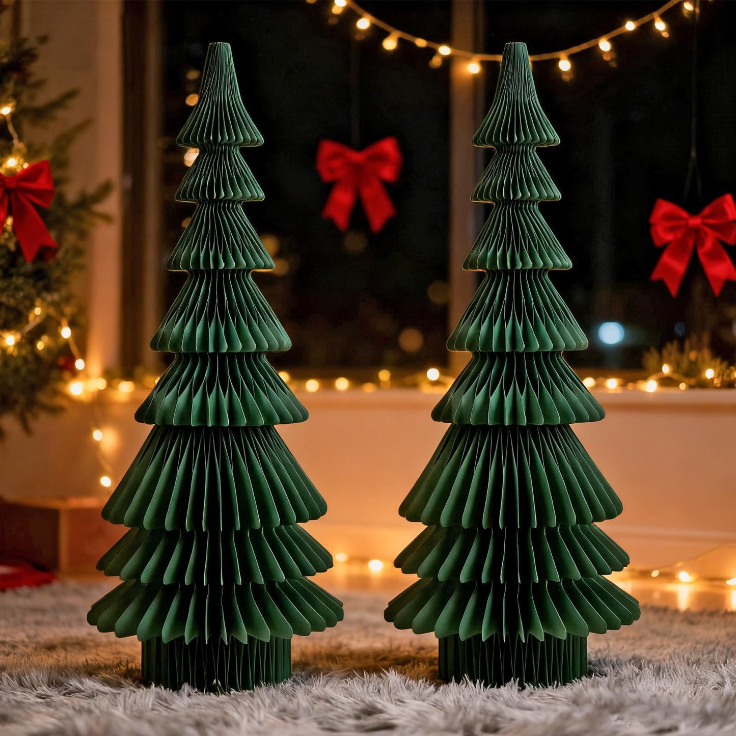 OBBOLO 20 Inch Green Paper Christmas Tree, 2 Pcs Foldable Honeycomb Tabletop Christmas Decorations with Magnetic Closure, Reusable Paper Trees for Holiday Table Centerpieces and Mantel