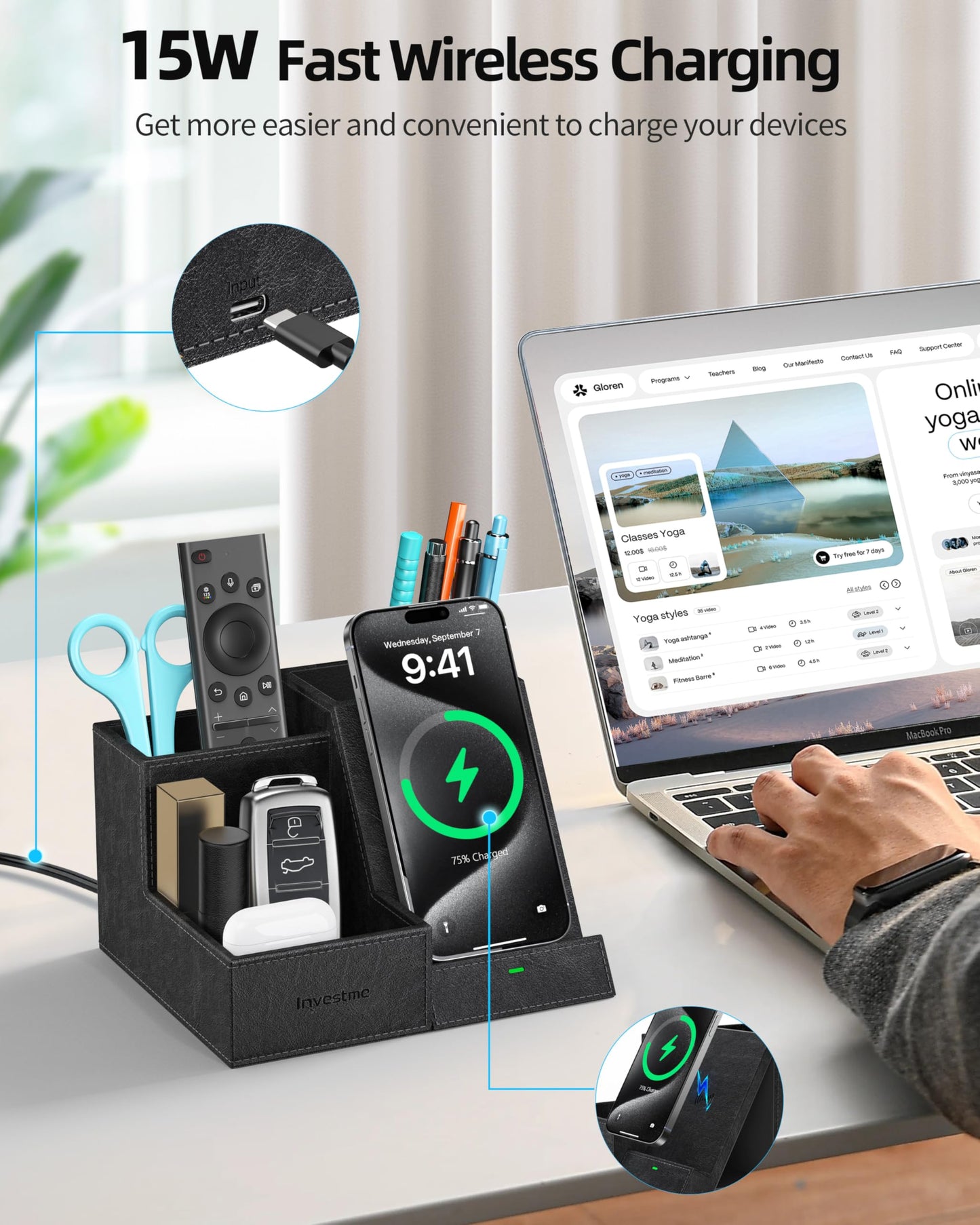 Investme Wireless Charger with Desk Organizer, Pen Pencil Holder, Multifunctional Desktop Organizer, Office Supplies and Desk Accessories Organizer with 3 Compartments and 1 Phone Stand, PU Black