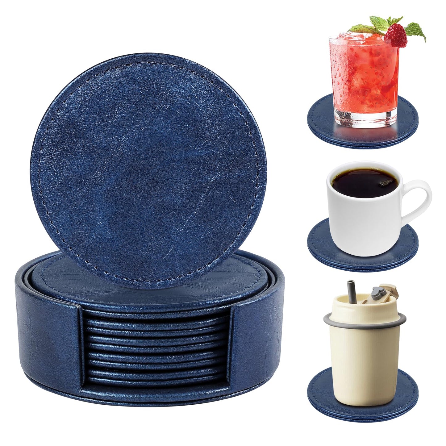 Leather Coasters Set of 6 with Holder, Tabletop Protection, Coffee Table & Bar Decoration, Modern-Style Drink Coasters Suitable for Home Dining Tables & Kitchen Accessories (Blue)