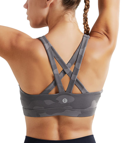 RUNNING GIRL Sports Bra for Women, Criss-Cross Back Padded Strappy Sports Bras Medium Support Yoga Bra with Removable Cups(2575_Camo Black_XL)