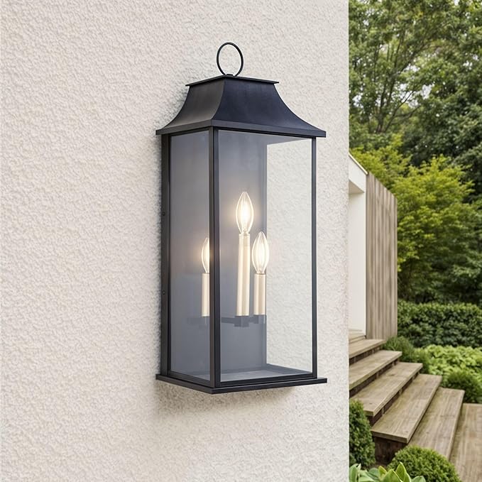 Dusk to Dawn Outdoor Wall Light 3-Light, 25.3" Large Outdoor Light Fixture, Black Exterior Wall Lantern, Waterproof Outside Wall Sconce for House Porch Patio