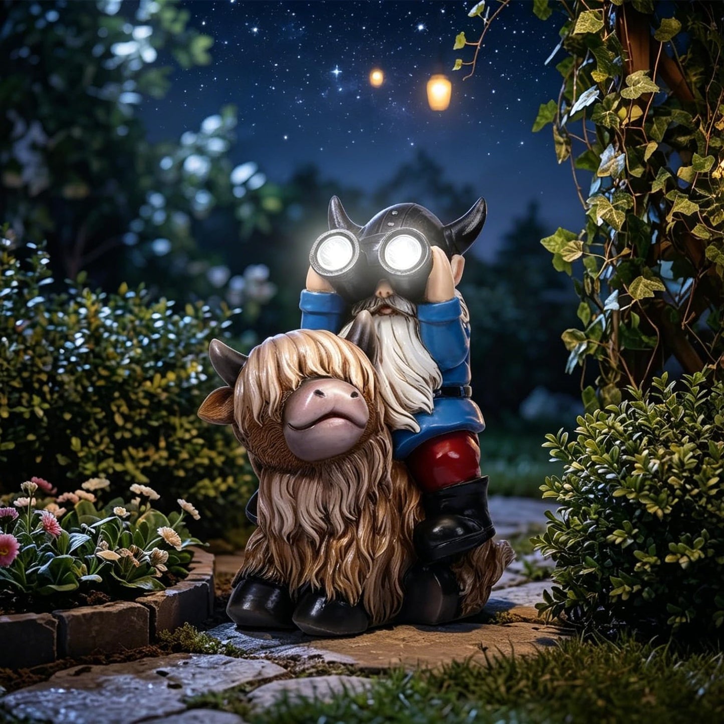 Joint Honglin Solar Garden Statues Resin Gnome Sitting on Highland Cow Outdoor Telescope Gnome Decorations Yard Ornament for Patio Lawn Balcony, Unique Housewarming Birthday Gifts for Mom Dad