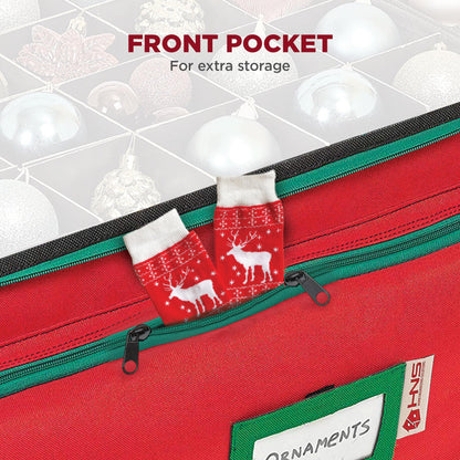 Premium Christmas Ornament Storage Box – Holds up to 72-3” Ornaments + 6 Side Slots for Figurines & Nutcrackers – Holiday Decoration Organizer – Durable 600D Red Canvas