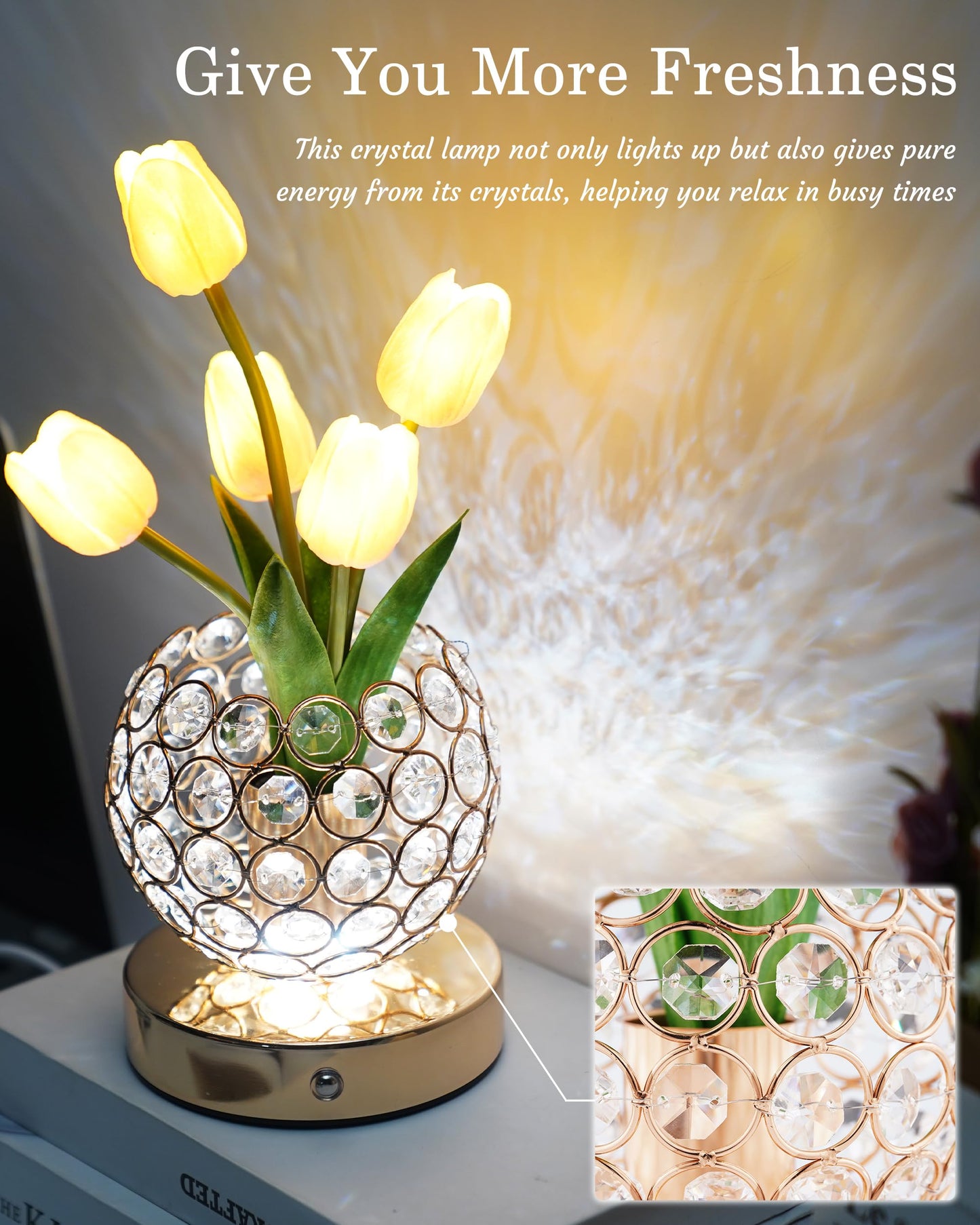Cordless Tulip Flower Lamp, Adjutable Touch Dimming Crystal Night Light with Artificial Tulip Flower, Rechargeable LED Flower with Vase Lamp Romantic Decor for Bedside Nightstand, Gift for Mother